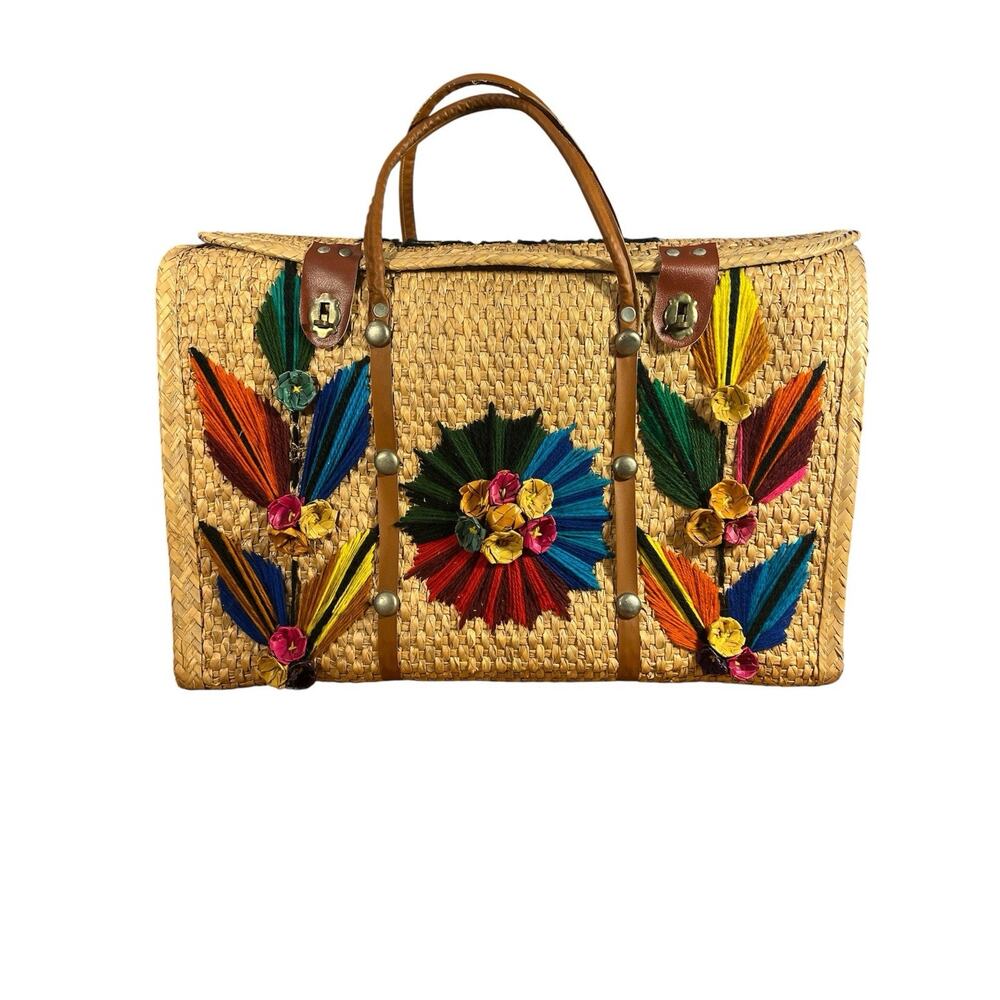 Vintage Acapulco Straw Tote Handbag Floral Yarn Design Leather Handles BOHO Chic